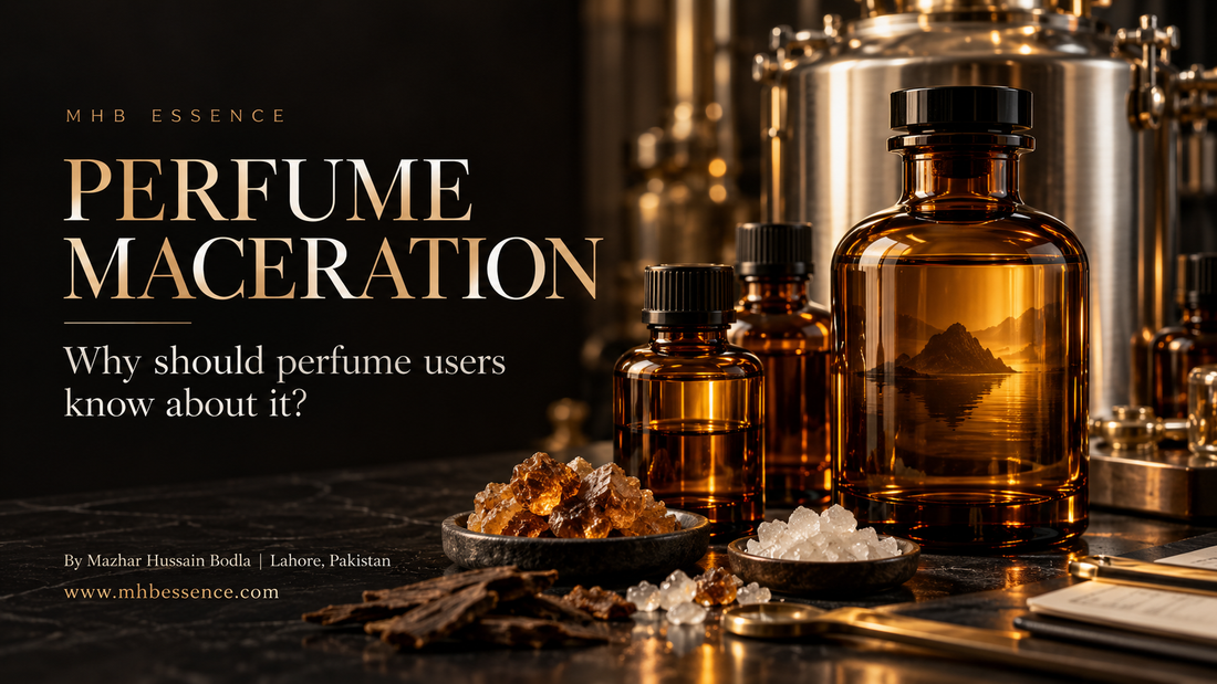 Perfume maceration at the MHB Essence atelier in Lahore — blends resting for at least two months