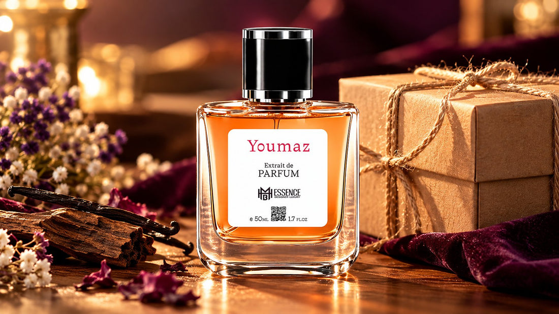 Youmaz Extrait de Parfum with a kraft gift box tied with twine by MHB Essence