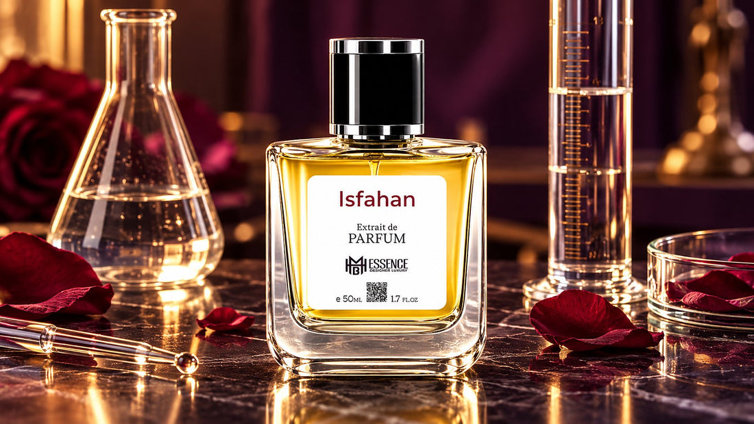 Isfahan Extrait de Parfum beside laboratory glassware and rose petals by MHB Essence