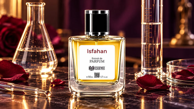 Isfahan Extrait de Parfum beside laboratory glassware and rose petals by MHB Essence