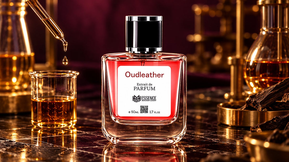 Oudleather Extrait de Parfum in a perfumer's lab with a pipette and amber oil by MHB Essence