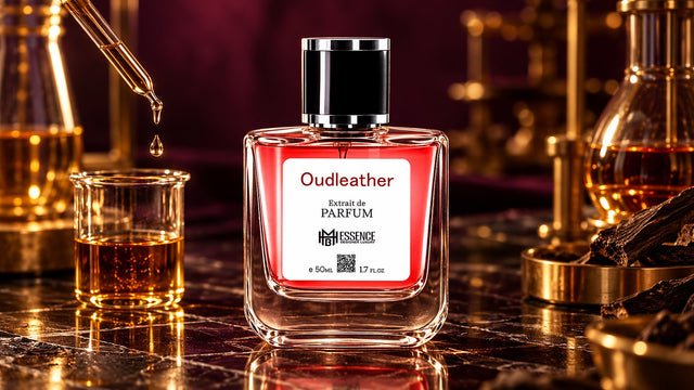 Oudleather Extrait de Parfum in a perfumer's lab with a pipette and amber oil by MHB Essence
