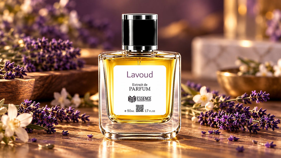 Lavoud Extrait de Parfum with lavender and white flowers on warm wood by MHB Essence