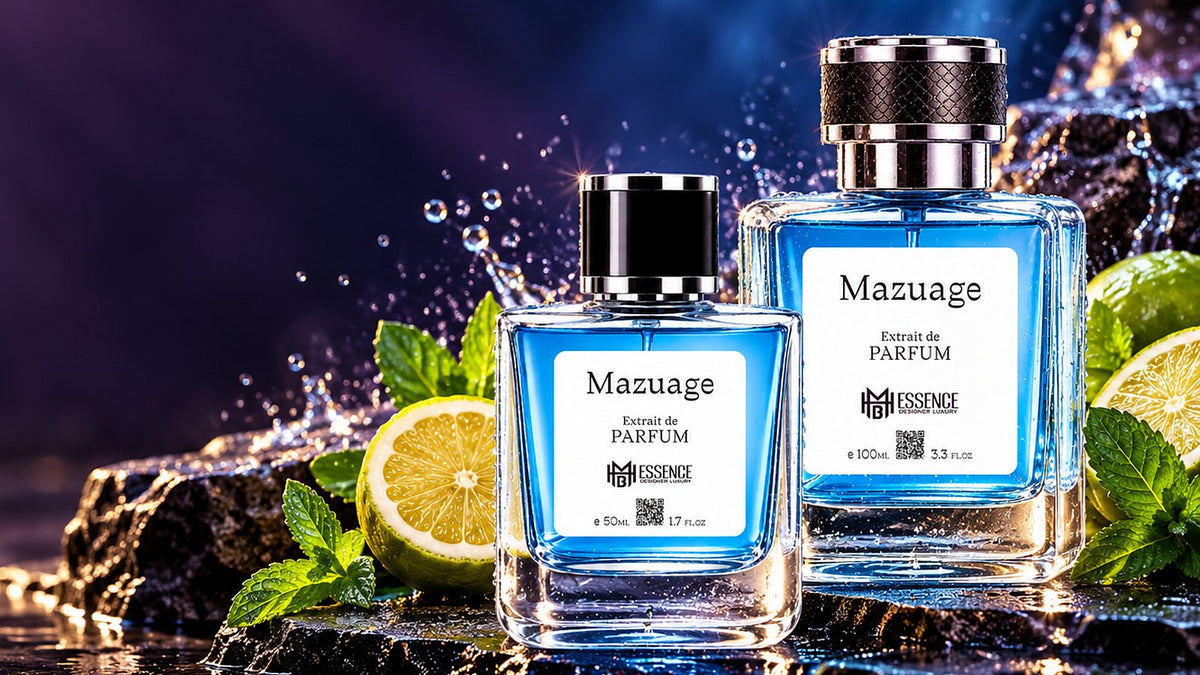 Mazuage Extrait de Parfum 50ml and 100ml on wet slate with bergamot and mint by MHB Essence