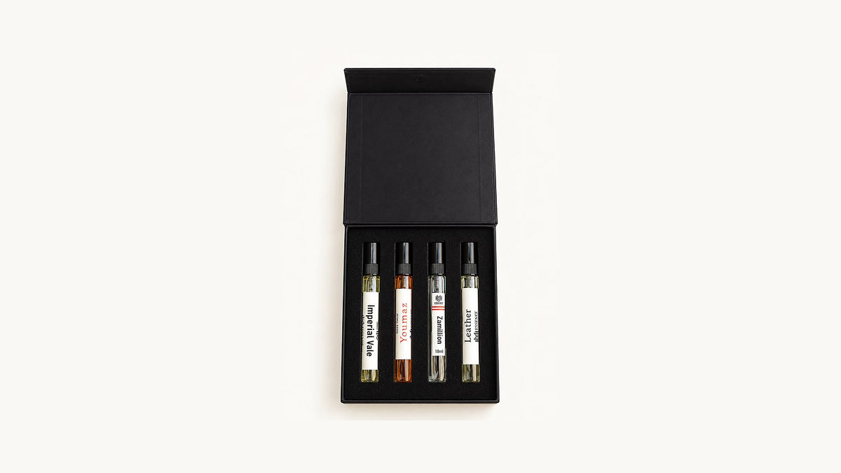Discovery Kit — four 10ml Extrait de Parfum (Imperial, Youmaz, Zamillion, Leather) in the black gift box by MHB Essence