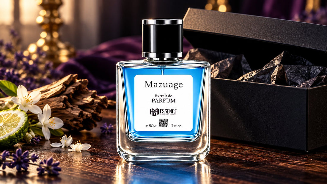Mazuage Extrait de Parfum on dark wood beside its black gift box by MHB Essence