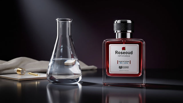 Perfumery-grade ethanol beside a luxury perfume bottle — MHB Essence