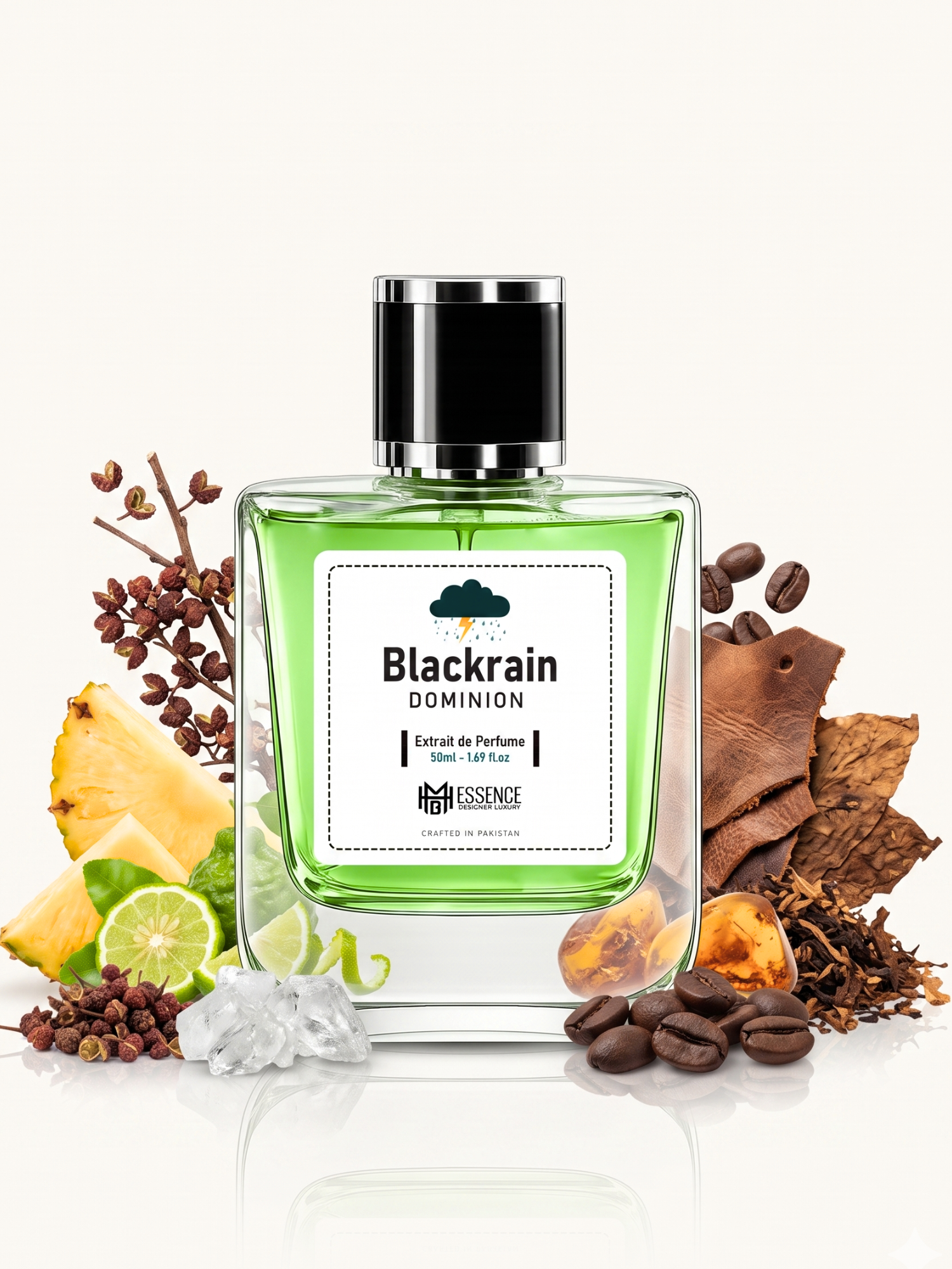 Blackrain Dominion scent notes — Pineapple, Bergamot, Sichuan Pepper, Ambroxan, Aged Leather, Pipe Tobacco, Dark Coffee, Amber — MHB Essence