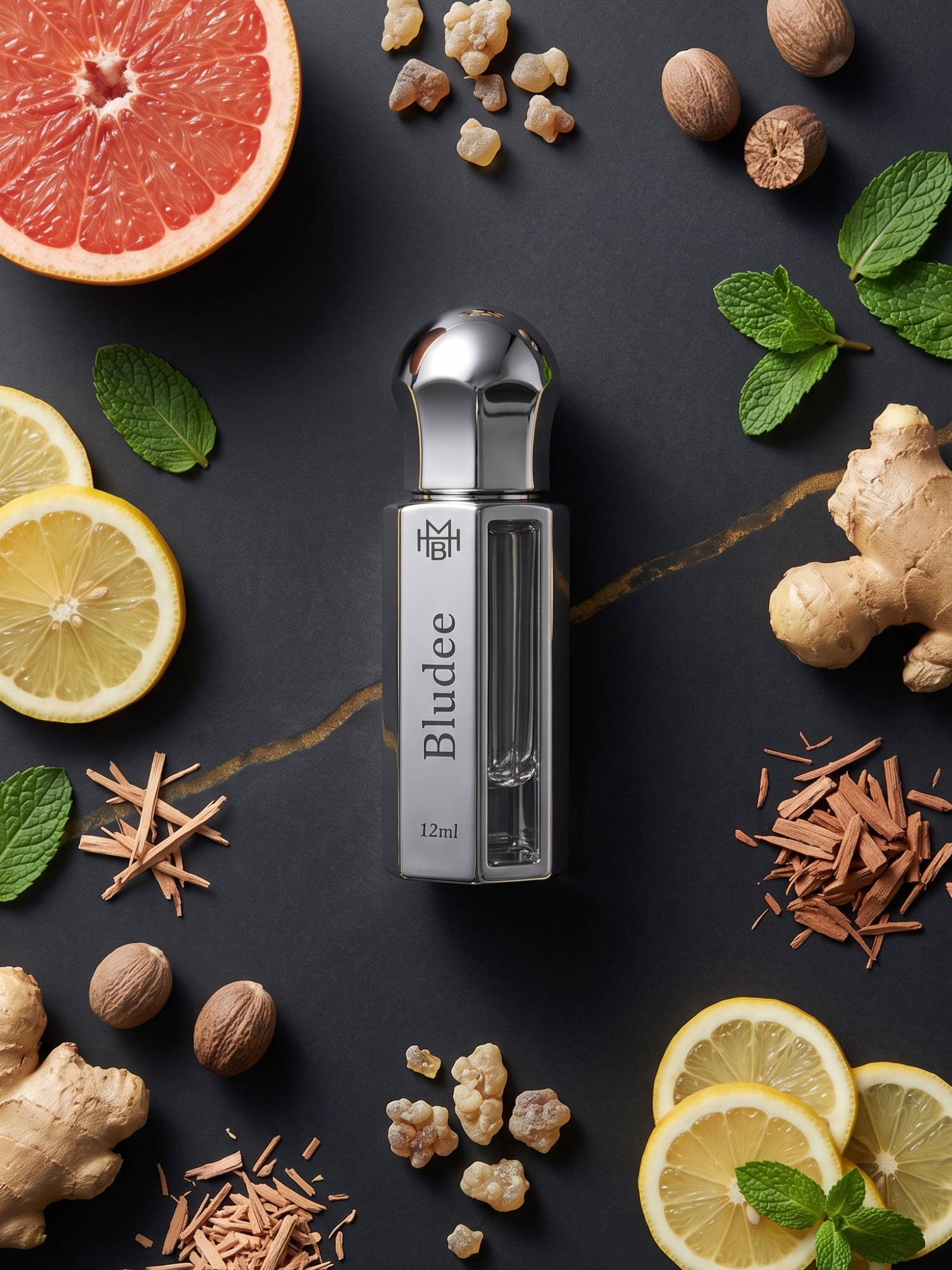 Bludee Attar ingredients — aromatic woody by MHB Essence