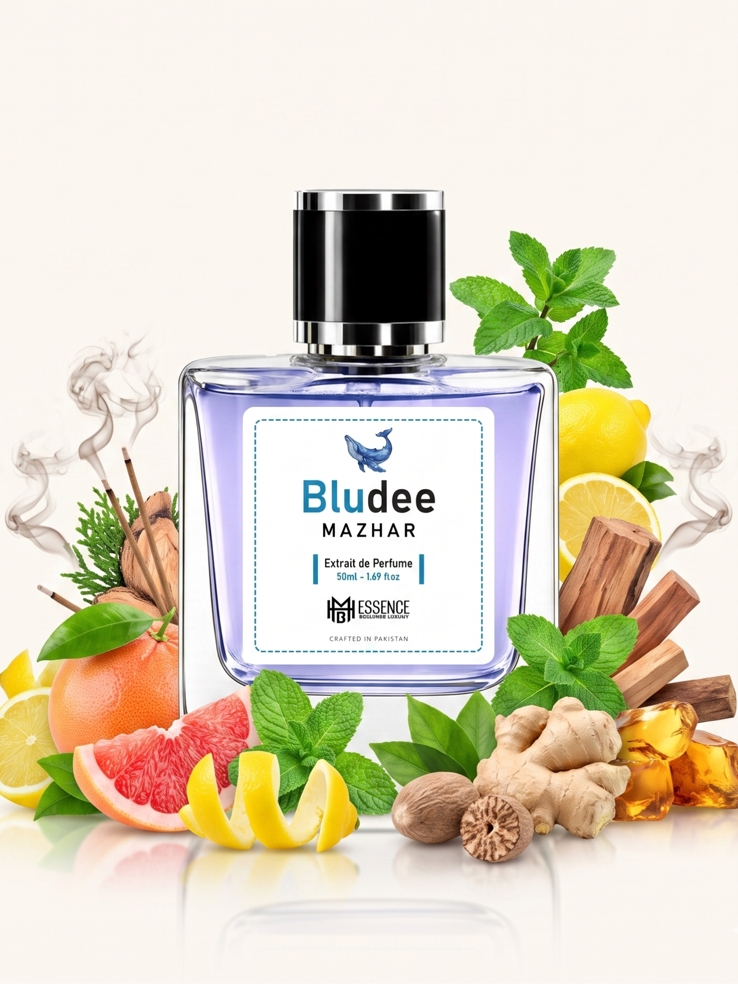 Bludee Mazhar scent notes — Grapefruit, Lemon, Peppermint, Ginger, Nutmeg, Incense, Cedarwood, Sandalwood, Amberwood — MHB Essence