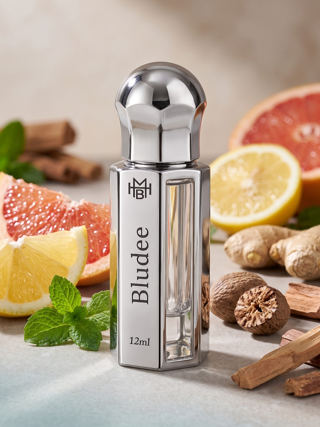 Bludee Attar scent notes — grapefruit, lemon, peppermint, ginger, nutmeg, incense, cedarwood, sandalwood
