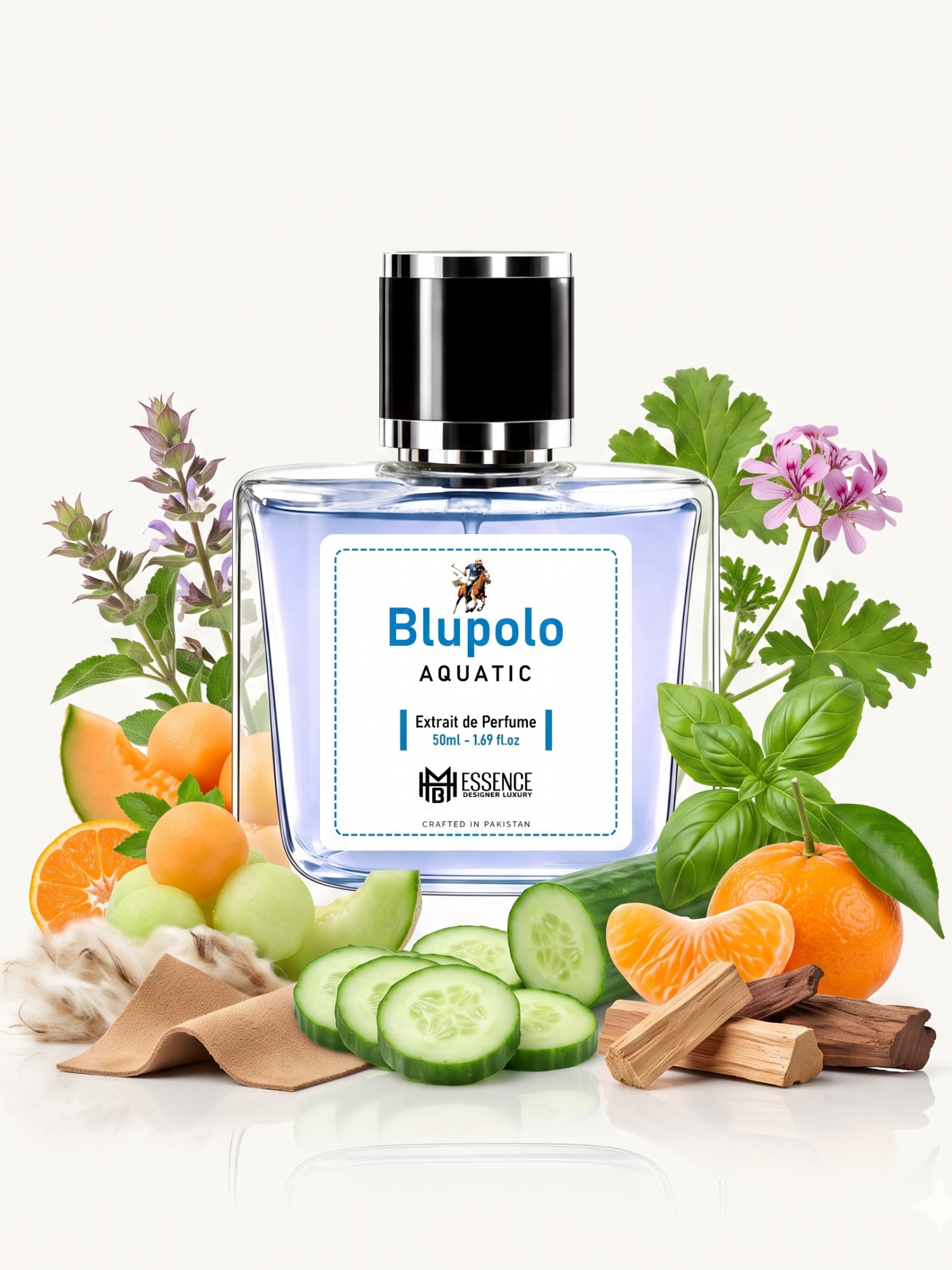 Blupolo Aquatic scent notes — Melon, Cucumber, Mandarin, Basil, Sage, Geranium, Suede, Musk, Woods — MHB Essence