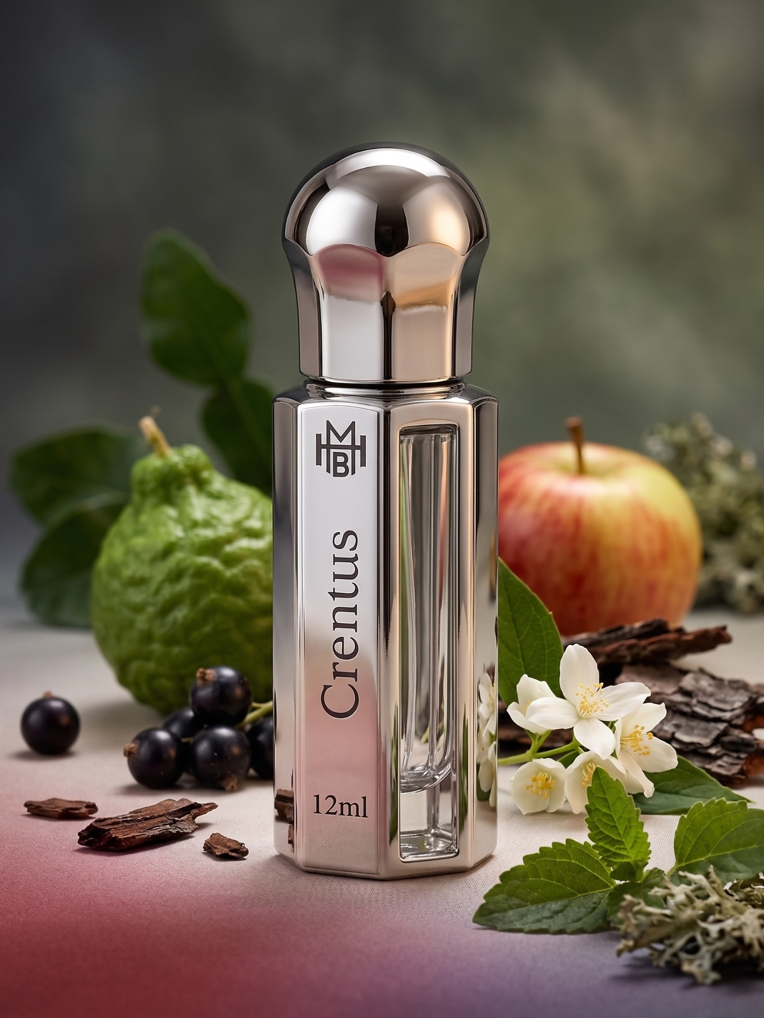 Crentus Attar scent notes — bergamot, blackcurrant, apple, smoky birch, jasmine, patchouli, oakmoss, musk