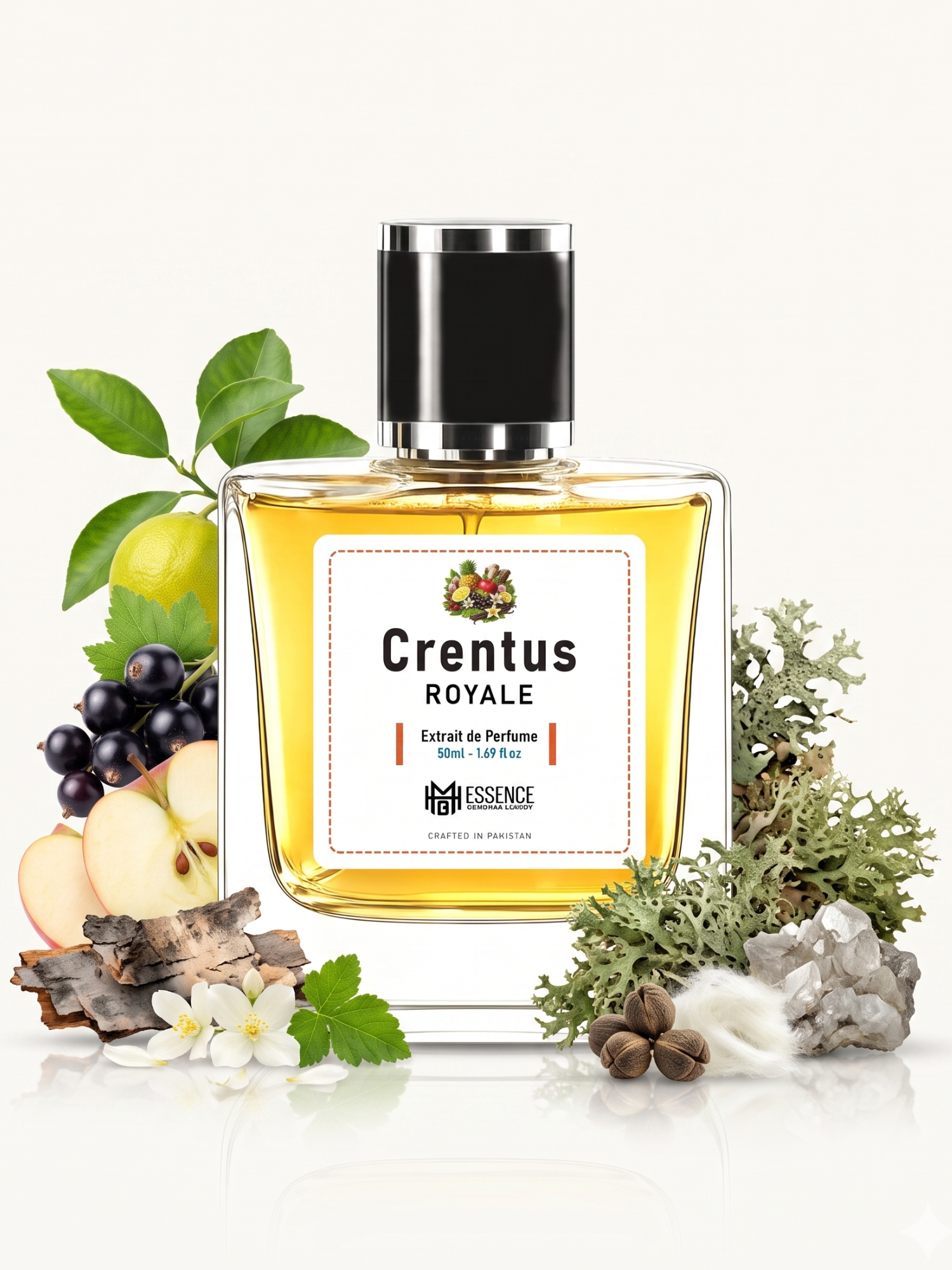 Crentus Royale scent notes — Bergamot, Blackcurrant, Apple, Smoky Birch, Jasmine, Patchouli, Oakmoss, Musk, Ambroxan — MHB Essence