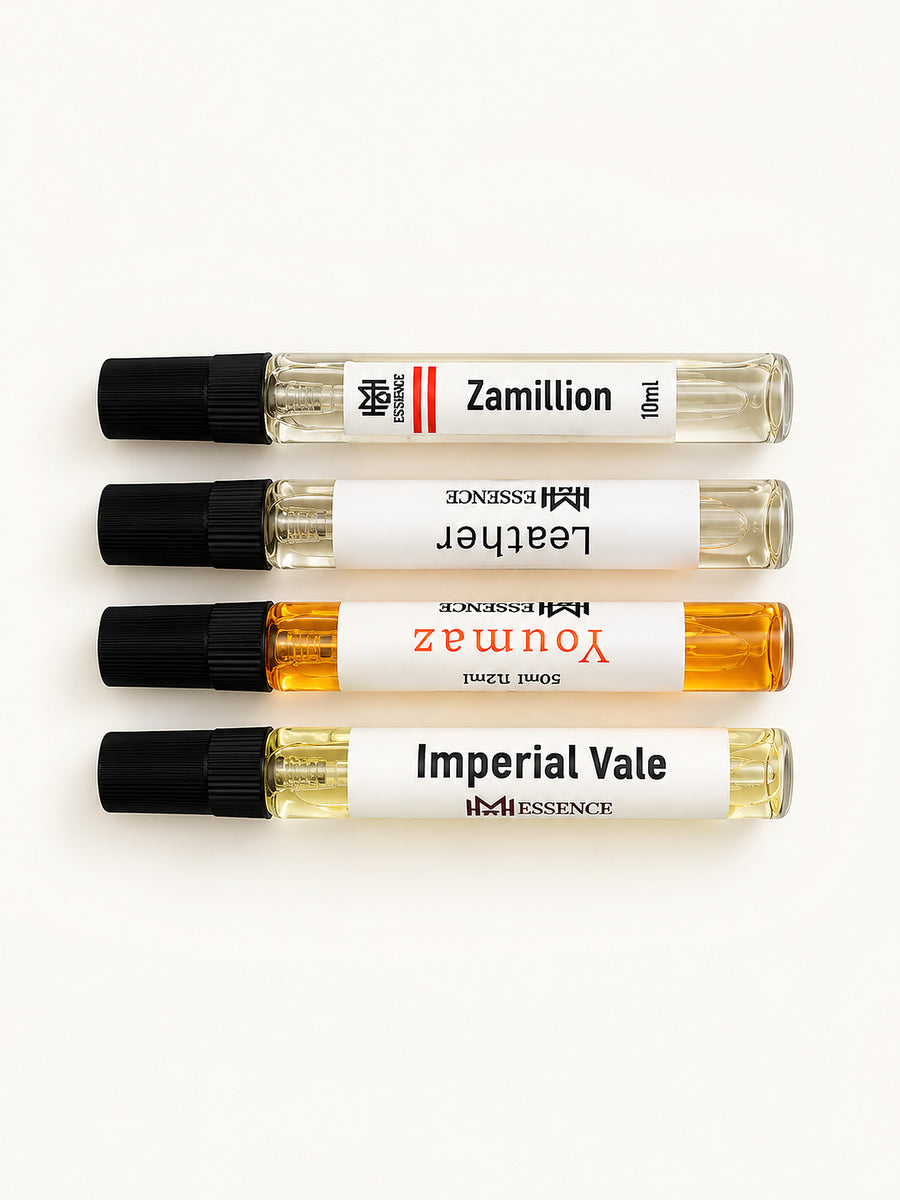 MHB Essence Discovery Kit — four 10ml Extrait de Parfum travel bottles: Zamillion, Leather, Youmaz and Imperial