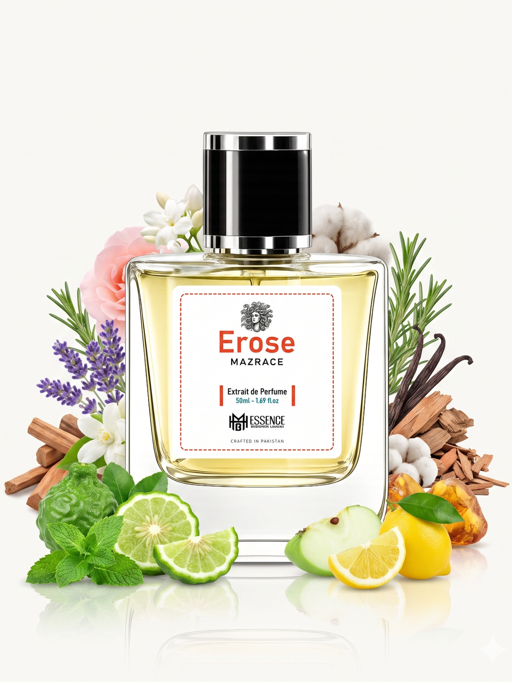 Erose Mazrace scent notes — Mint, Citrus, Green Apple, Aromatic, Soft Floral, Vanilla, Woods, Amber, Musk — MHB Essence
