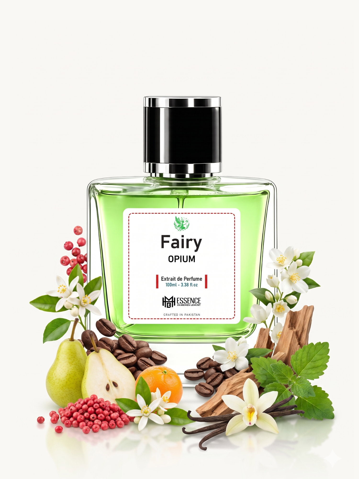Fairy Opium scent notes — Pear, Pink Pepper, Orange Blossom, Black Coffee, Jasmine, Vanilla, Cashmere Wood, Patchouli — MHB Essence