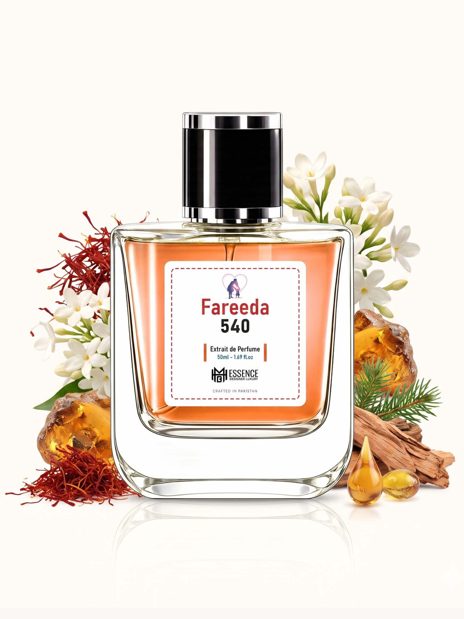 Fareeda 540 scent notes — Saffron, Jasmine, Amberwood, Cedarwood, Fir Resin — MHB Essence