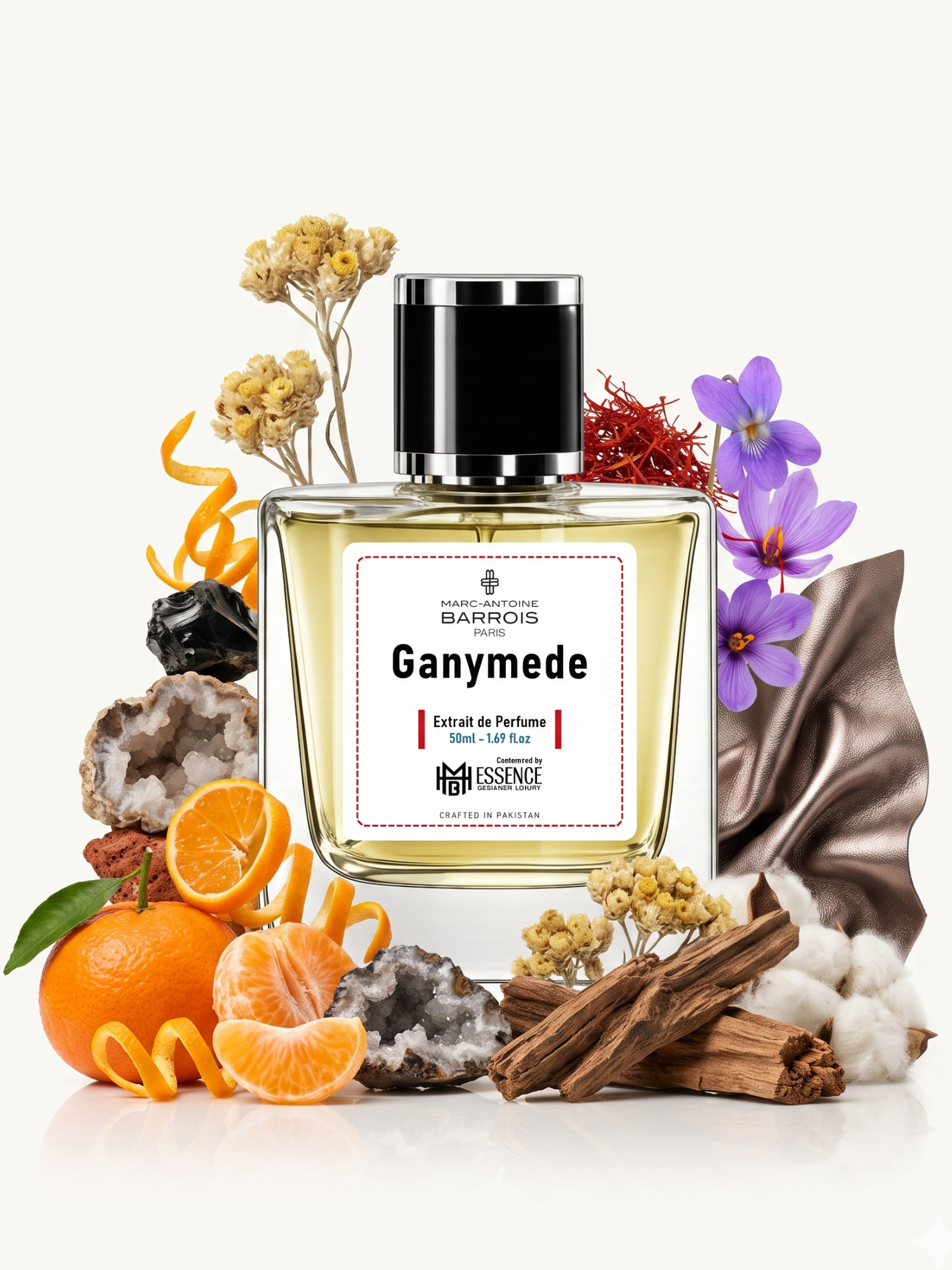 Ganymede scent notes — Mandarin, Bergamot, Elemi, Amberwood, Vanilla, Leather, Musk — MHB Essence