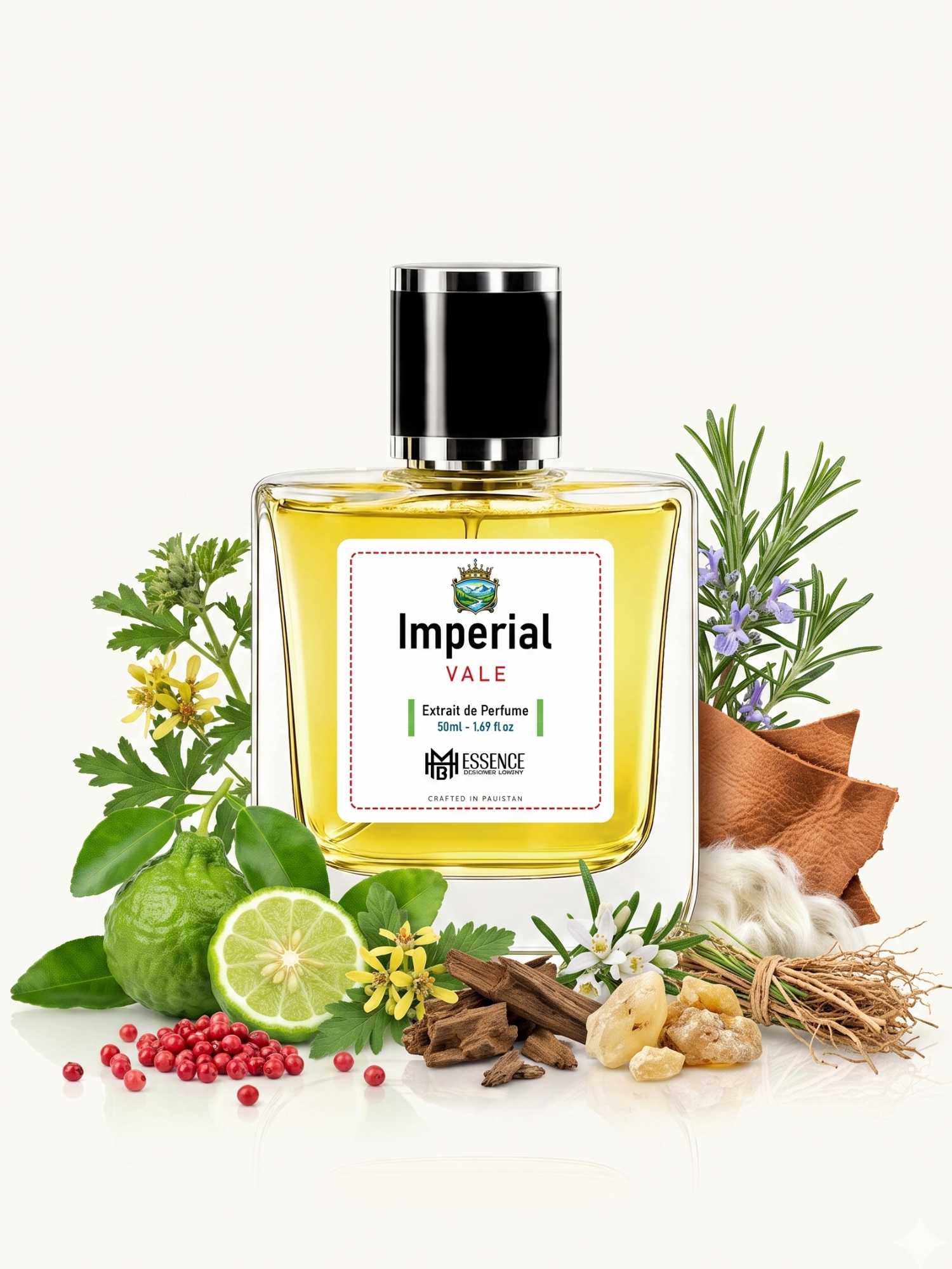Imperial Vale scent notes — Sicilian Bergamot, Pink Pepper, Davana, Oud, White Amber, Rosemary, Leather, Musk, Vetiver — MHB Essence