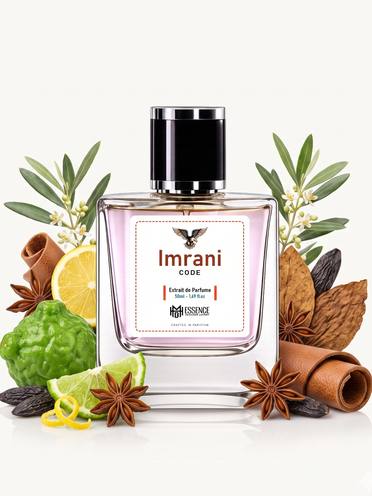 Imrani Code scent notes — Bergamot, Lemon, Olive Blossom, Star Anise, Tonka Bean, Tobacco, Leather — MHB Essence