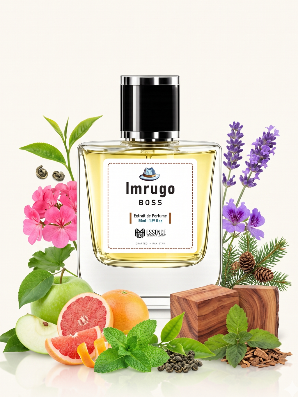Imrugo Boss scent notes — Green Apple, Grapefruit, Mint, Green Tea, Geranium, Lavender, Cedarwood, Fir Balsam, Patchouli — MHB Essence