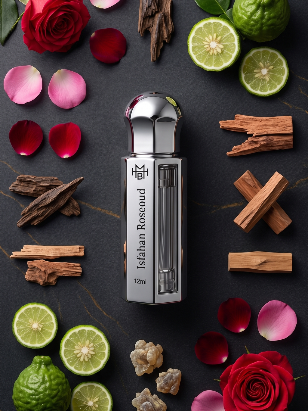 Isfahan Roseoud Attar ingredients — rose, oud, sandalwood, cedarwood, musk by MHB Essence
