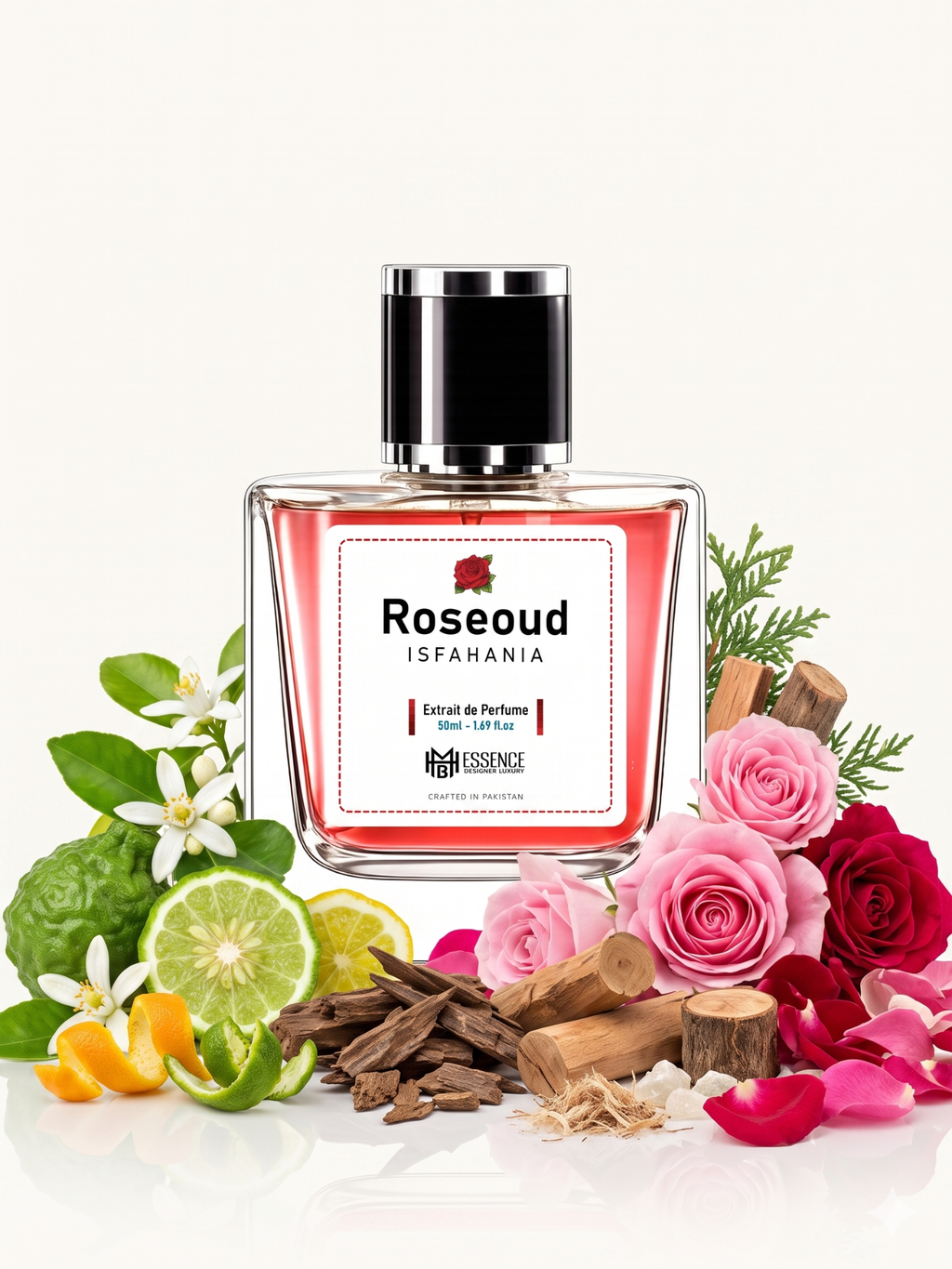Isfahan Roseoud scent notes — Bergamot, Soft Citrus, Fresh Rose, Rose Wardia, Hedione, Oud Isfahan, Sandalwood, Cedarwood, Cashmeran, Musk — MHB Essence
