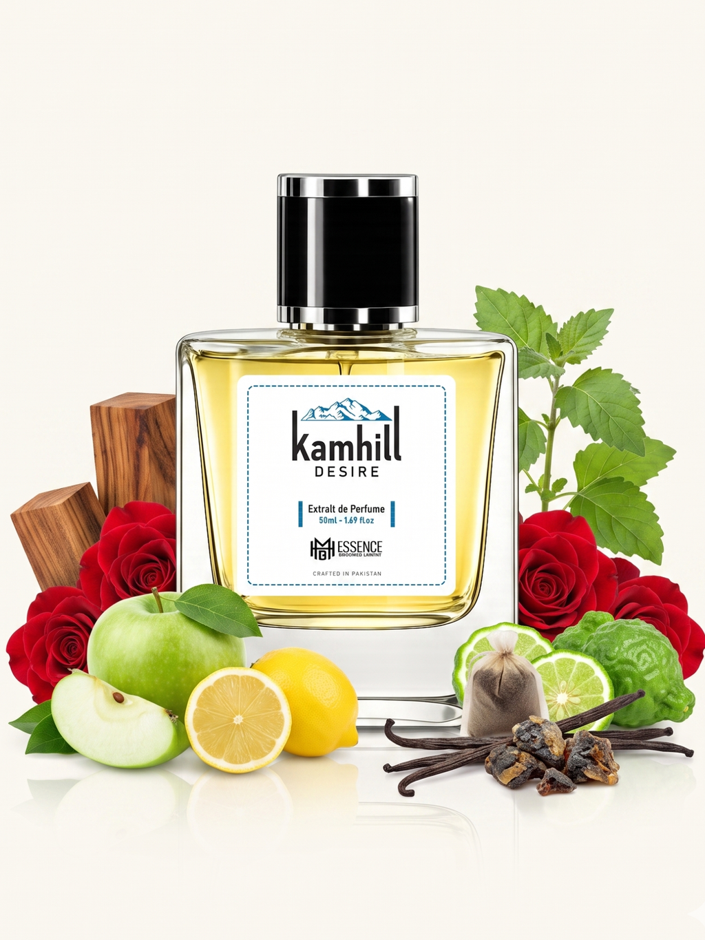 Kamhill Desire scent notes — Apple, Lemon, Bergamot, Rose, Teakwood, Patchouli, Vanilla, Musk, Labdanum — MHB Essence