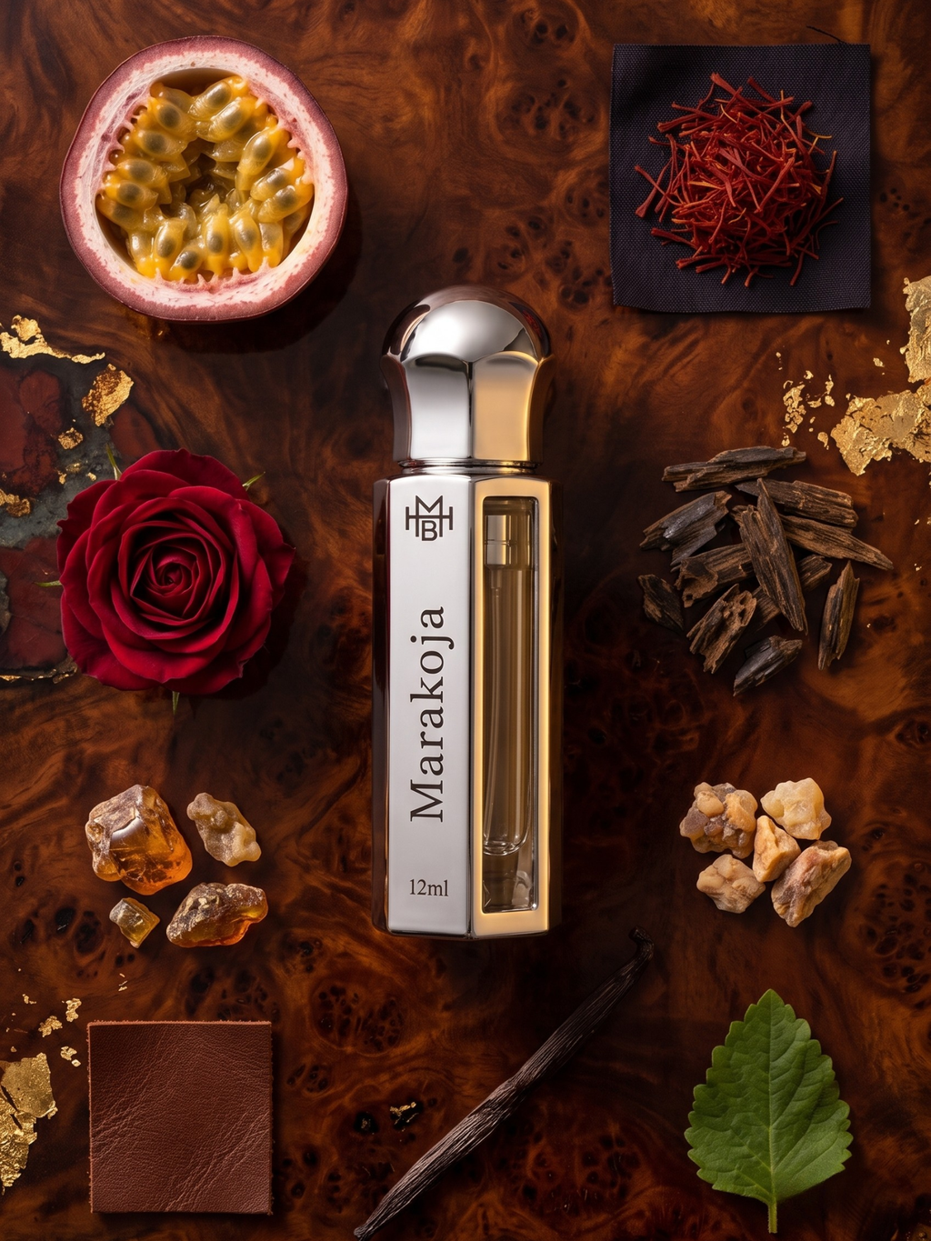 Marakoja Attar ingredients — exotic fruity leather oud by MHB Essence