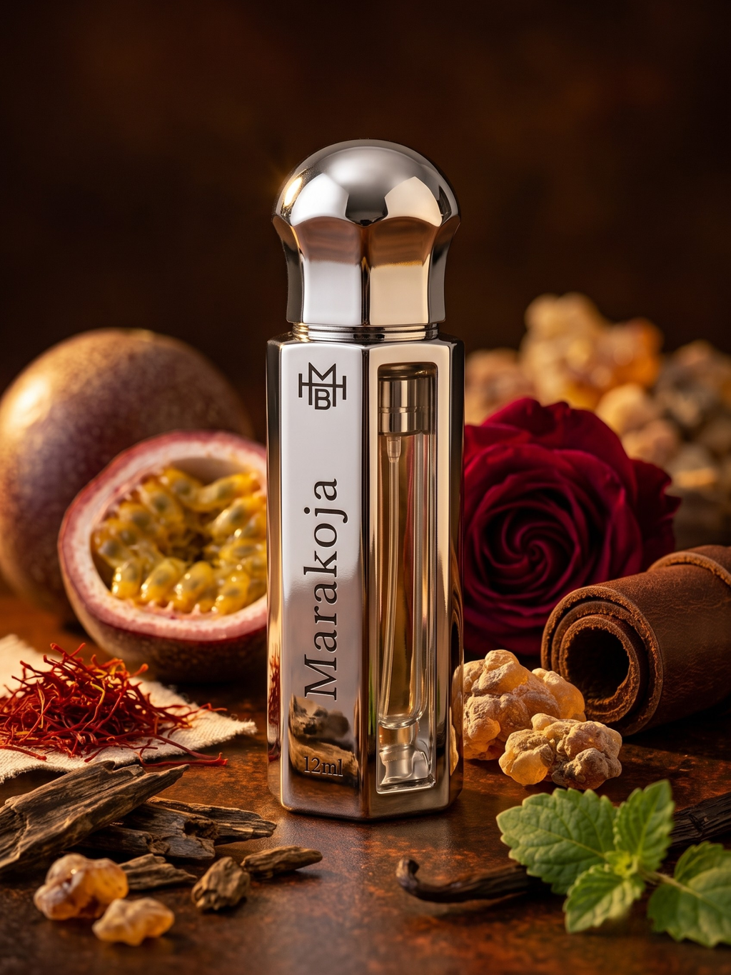 Marakoja Attar scent notes — passionfruit, saffron, Turkish rose, oud, benzoin, patchouli, leather, amber, vanilla, labdanum