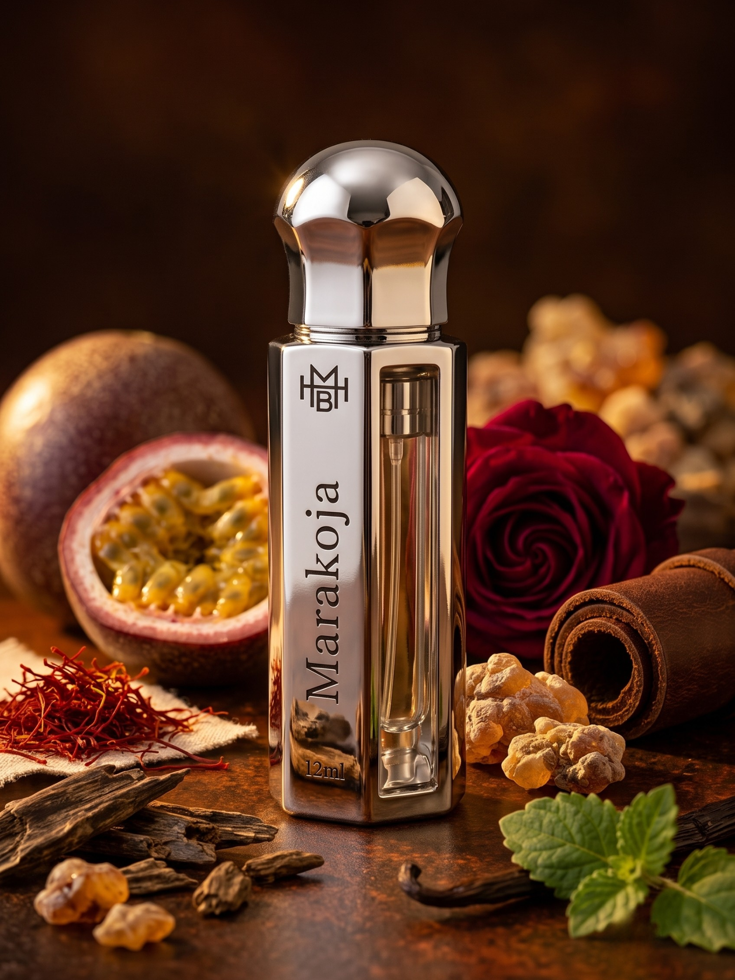 Marakoja Attar scent notes — passionfruit, saffron, Turkish rose, oud, benzoin, patchouli, leather, amber, vanilla, labdanum