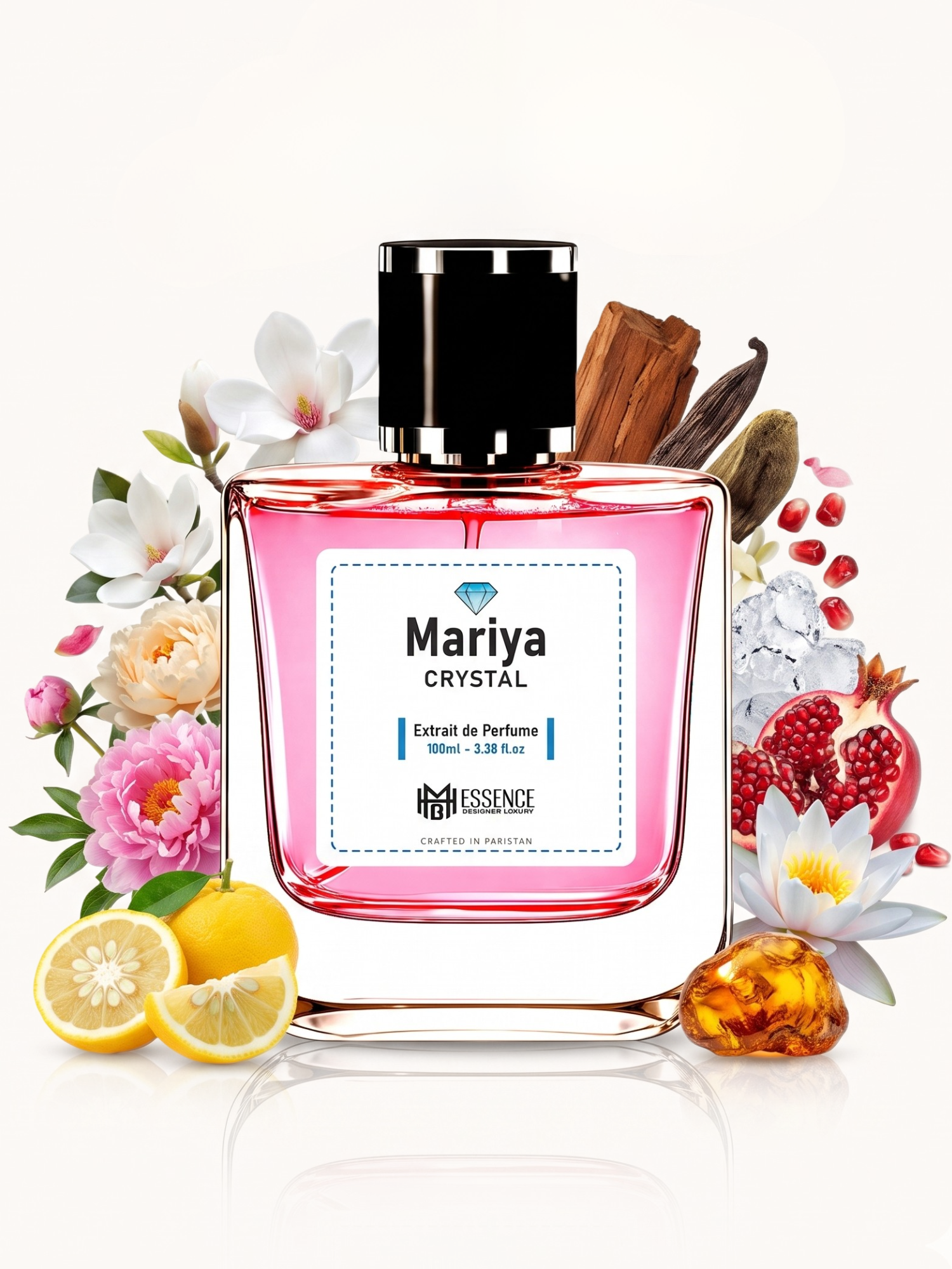 Mariya Crystle scent notes — Yuzu, Pomegranate, Iced Accord, Peony, Magnolia, Lotus, Musk, Amber, Mahogany — MHB Essence