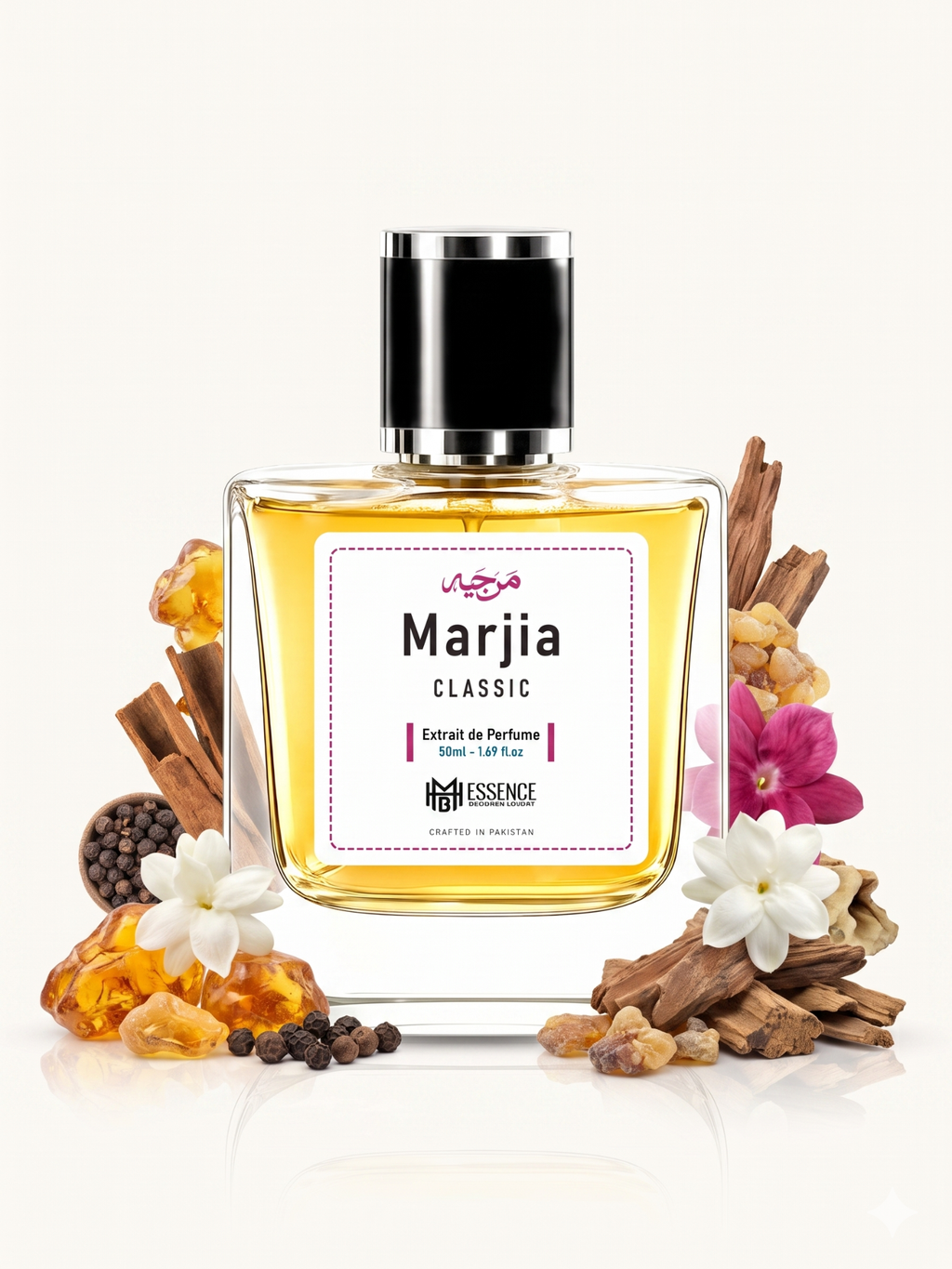 Marjia Classic scent notes — Amber, Soft Spices, Resinous Woods, Floral, Musk, Woods — MHB Essence