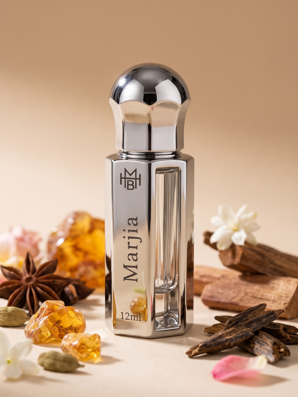 Marjia Attar scent notes — amber, soft spices, resinous woods, floral, musk, woods