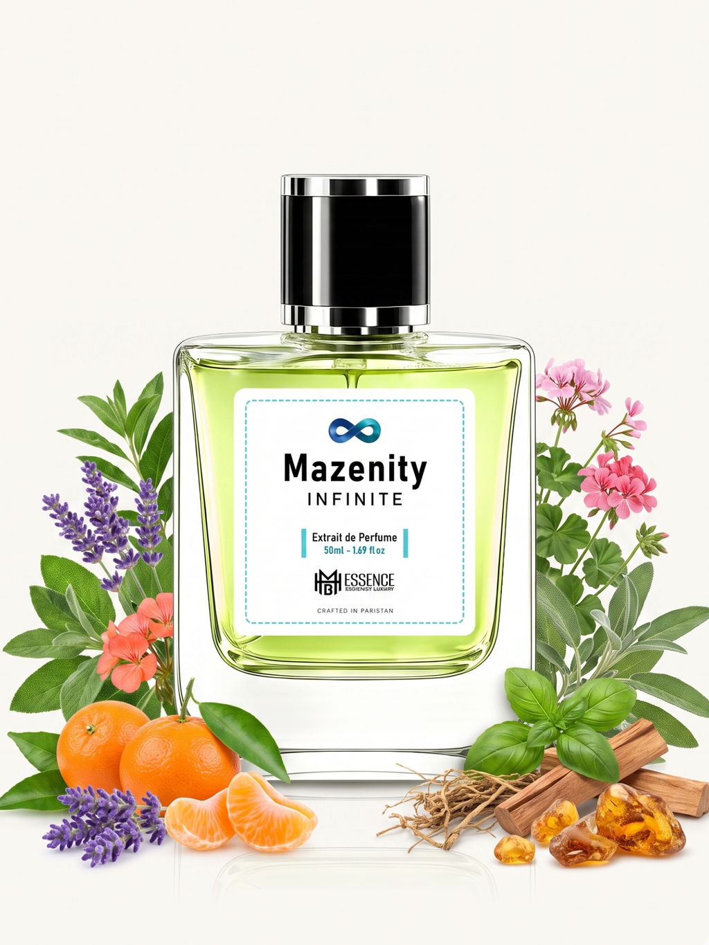 Mazenity Infinite scent notes — Mandarin, Lavender, Green Notes, Geranium, Basil, Sage, Sandalwood, Vetiver, Amber — MHB Essence