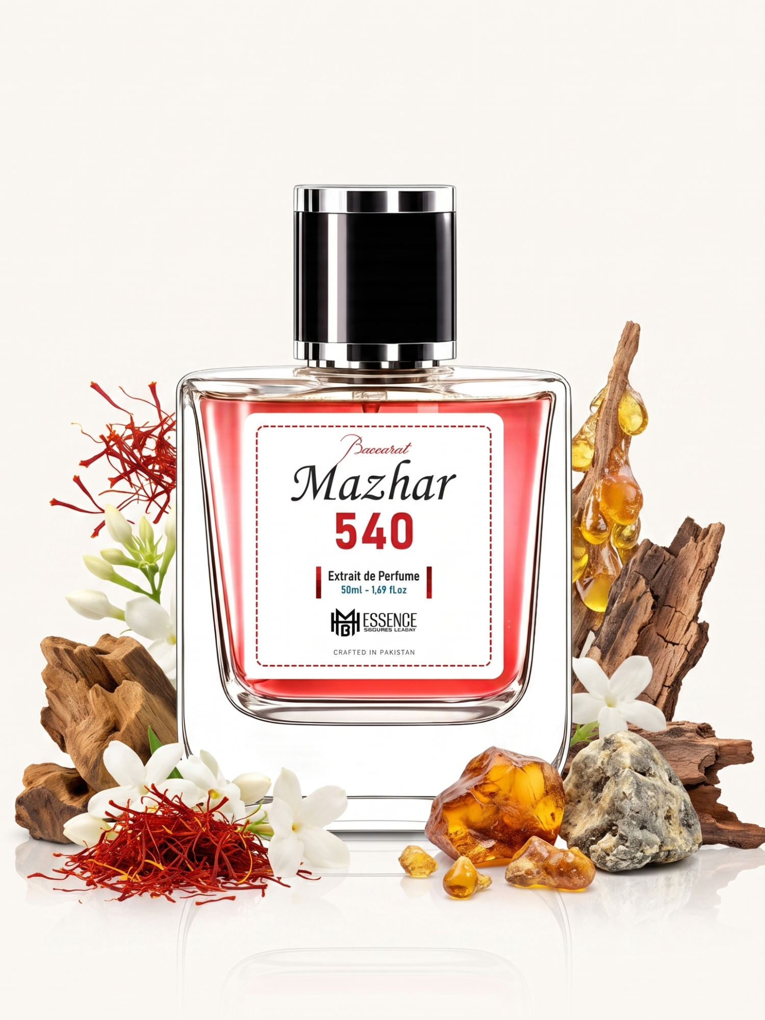 Mazhar 540 scent notes — Saffron, Jasmine, Amberwood, Ambergris, Fir Resin, Cedarwood — MHB Essence
