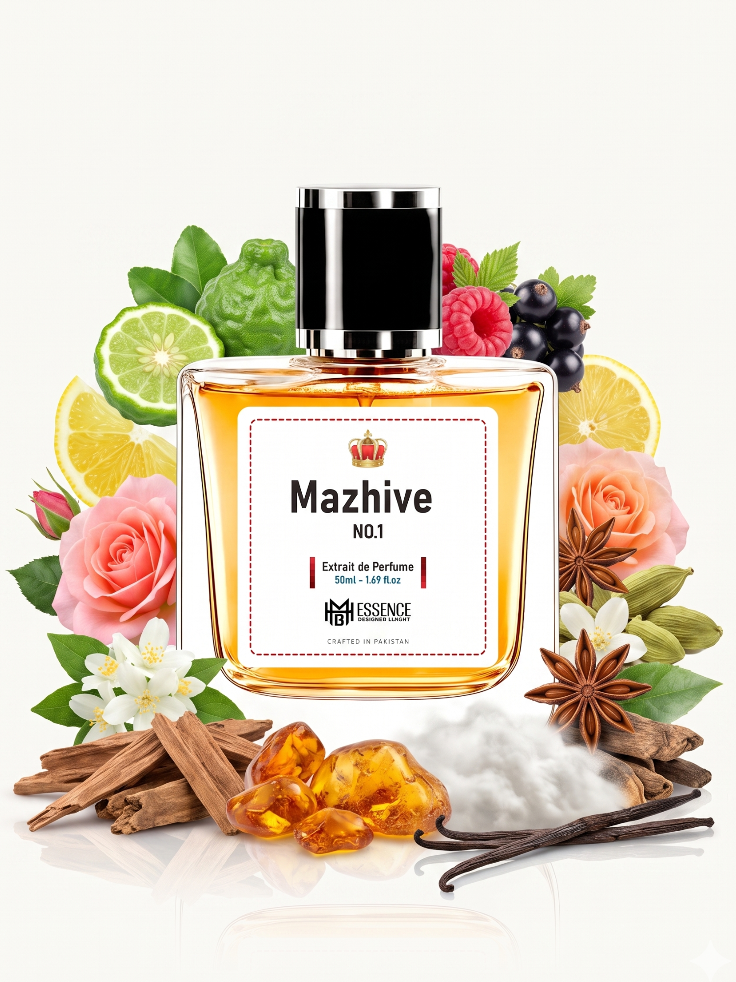 Mazhive No.1 scent notes — Citrus, Fruity, Rose, Jasmine, Spices, Woods, Amber, Musk, Vanilla — MHB Essence