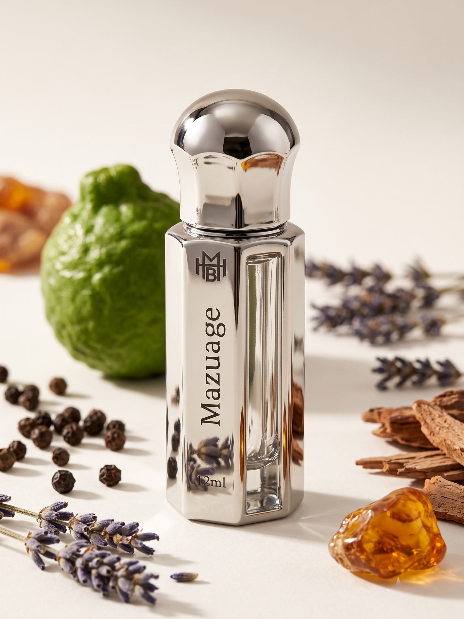 Mazuage Attar scent notes — bergamot, black pepper, lavender, cedarwood, amber