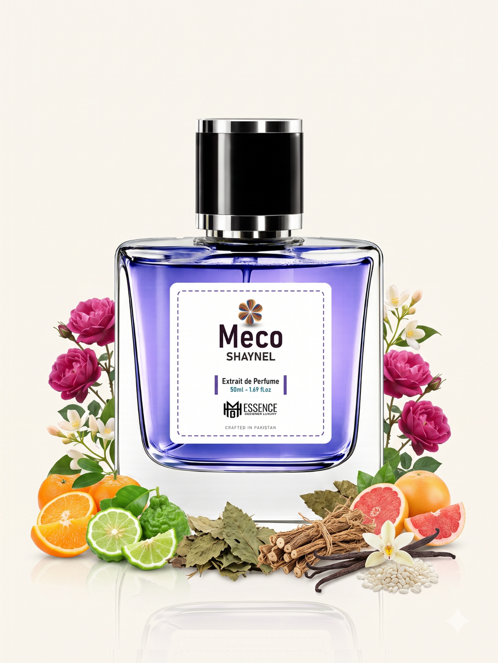 Meco Shaynel scent notes — Sicilian Orange, Bergamot, Grapefruit, Rose Absolute, Jasmine, Patchouli, Vetiver, Vanilla, White Musk — MHB Essence