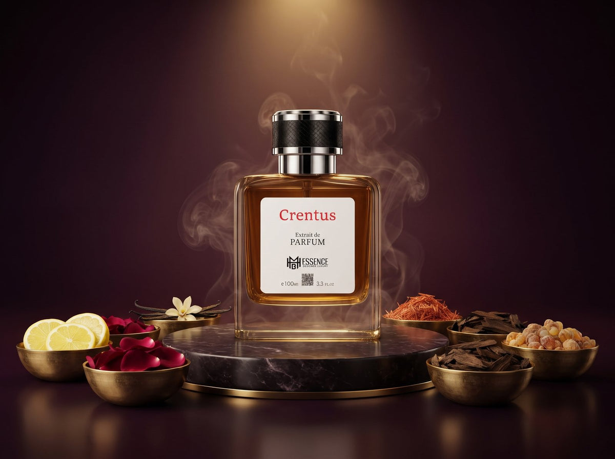 Crentus Extrait de Parfum by MHB Essence surrounded by six scent families