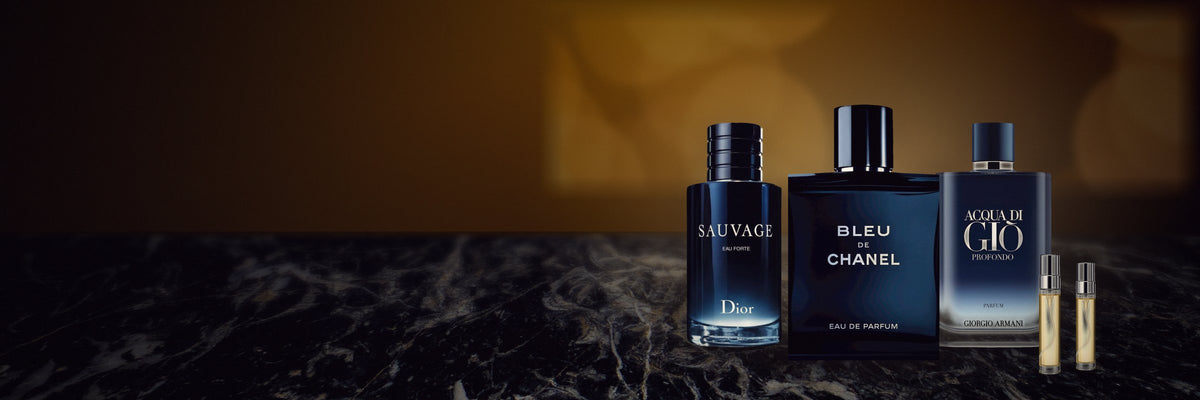 Dior Sauvage, Bleu de Chanel and Acqua di Giò Profondo — authentic designer perfumes and decants at MHB Essence