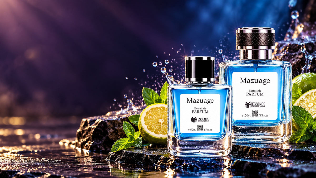 Mazuage Extrait de Parfum 50ml and 100ml bottles on wet slate with bergamot and mint