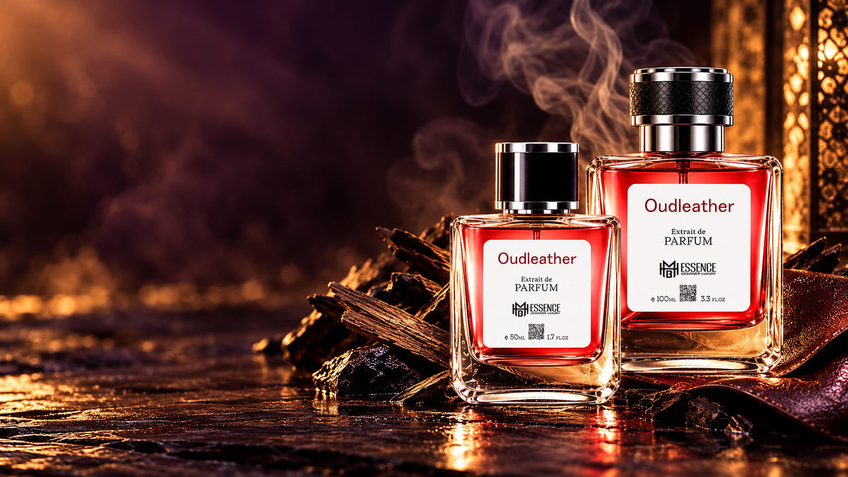 Oudleather Extrait de Parfum 50ml and 100ml bottles with oud wood, leather and warm smoke