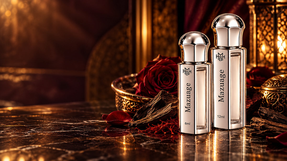 Mazuage Attar 6ml and 12ml by MHB Essence with a red rose, oud wood and saffron on dark marble