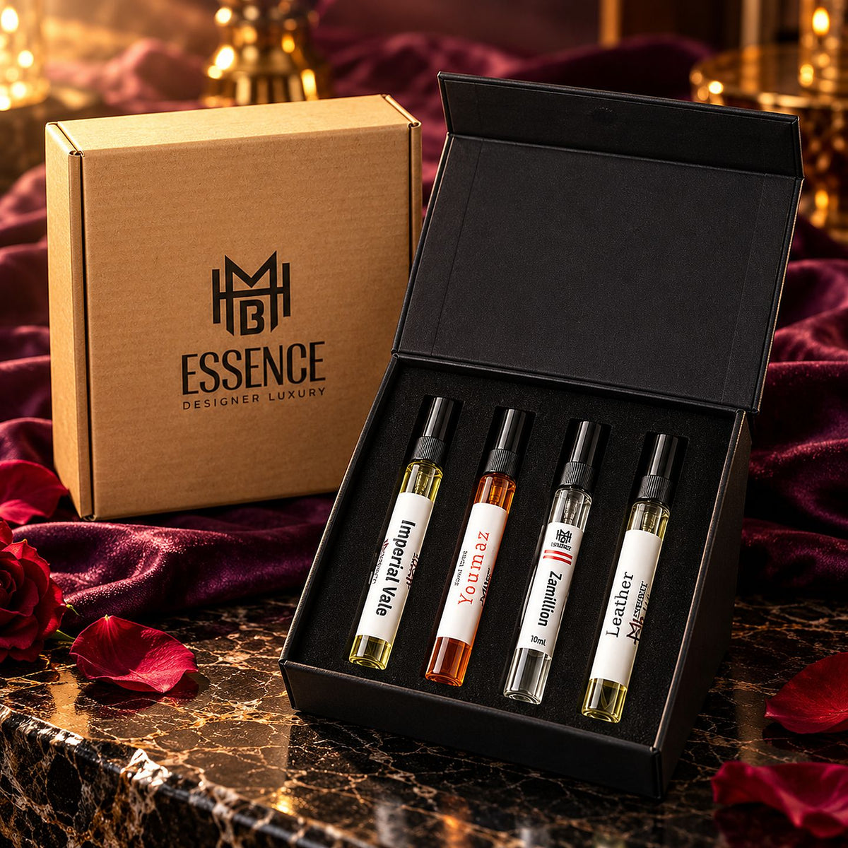 MHB Essence Discovery Kit with four 10ml vials — Imperial, Youmaz, Zamillion and Leather — and the kraft gift box