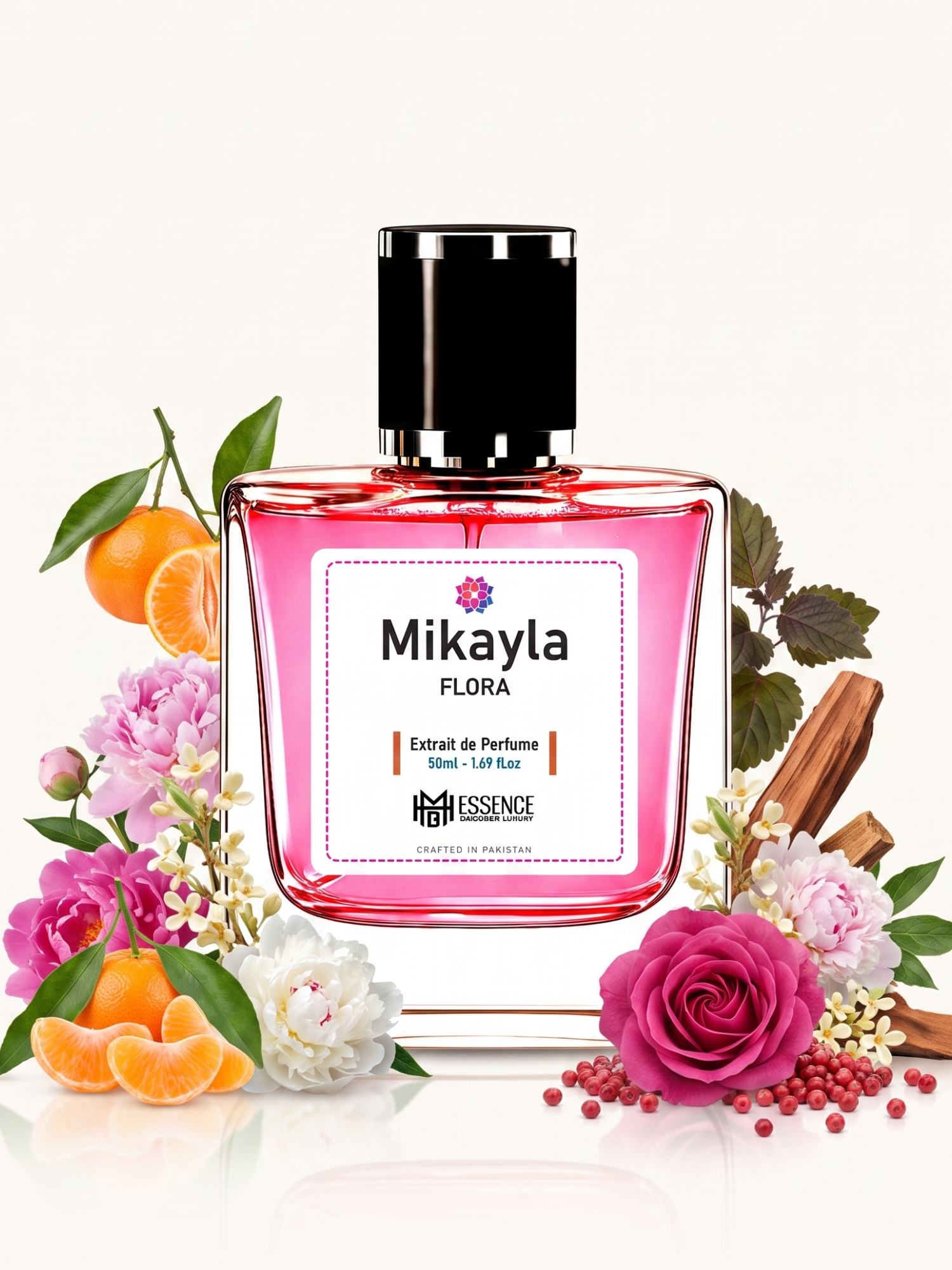Mikayla Flora scent notes — Mandarin, Peony, Rose, Osmanthus, Patchouli, Sandalwood, Pink Pepper — MHB Essence