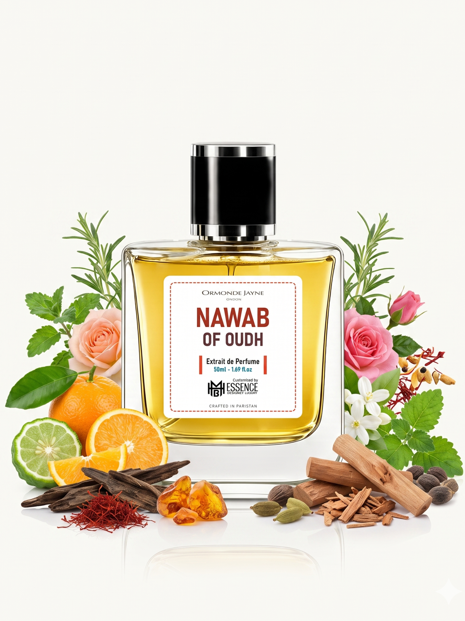 Navab of Lahore scent notes — Bergamot, Orange, Herbal Green, Rose, Jasmine, Spices, Saffron, Oud, Amber, Sandalwood, Musk, Patchouli — MHB Essence