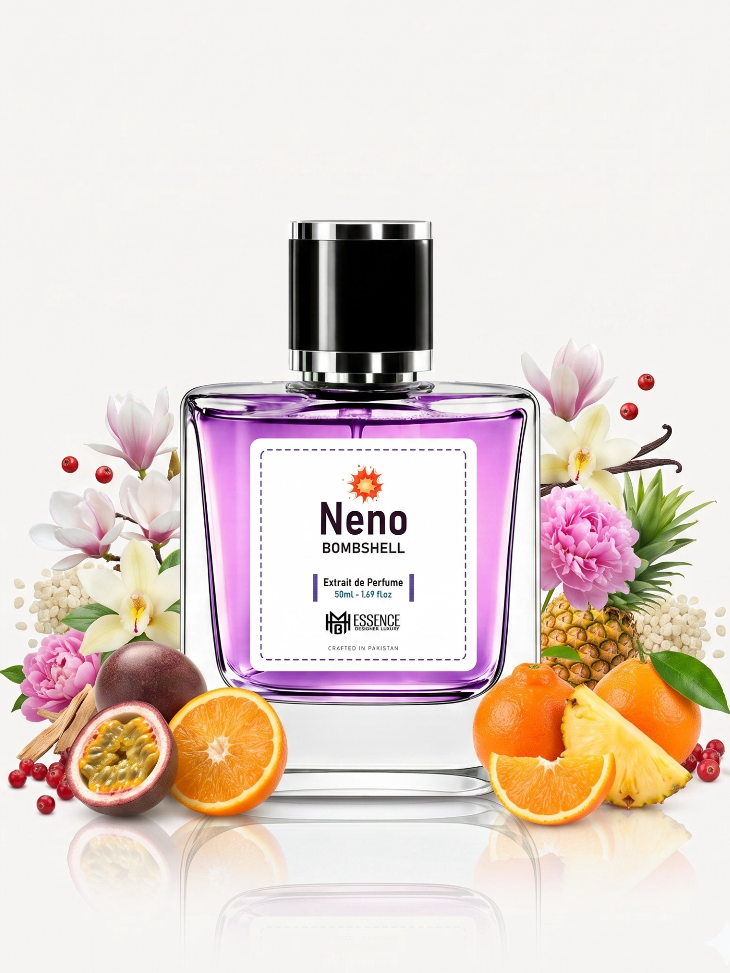 Neno Bombshell scent notes — Passion Fruit, Tangelo, Pineapple, Peony, Vanilla Orchid, Magnolia, Musk, Blonde Woods, Red Berry — MHB Essence