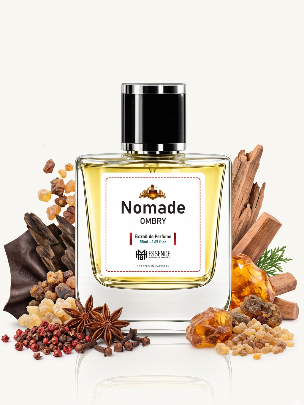 Nomade Ombry scent notes — Smoky Spices, Resins, Dark Oud, Leather, Amber, Woods — MHB Essence